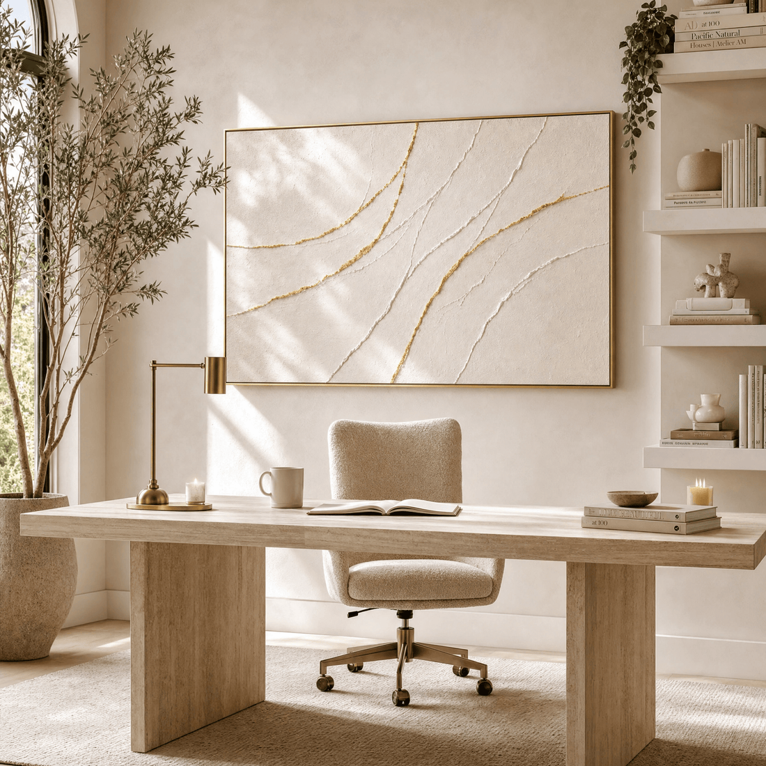 Minimalist Cream & Gold Wall Art | Hand-Embellished Textured Canvas | Neutral Abstract Large Statement Piece