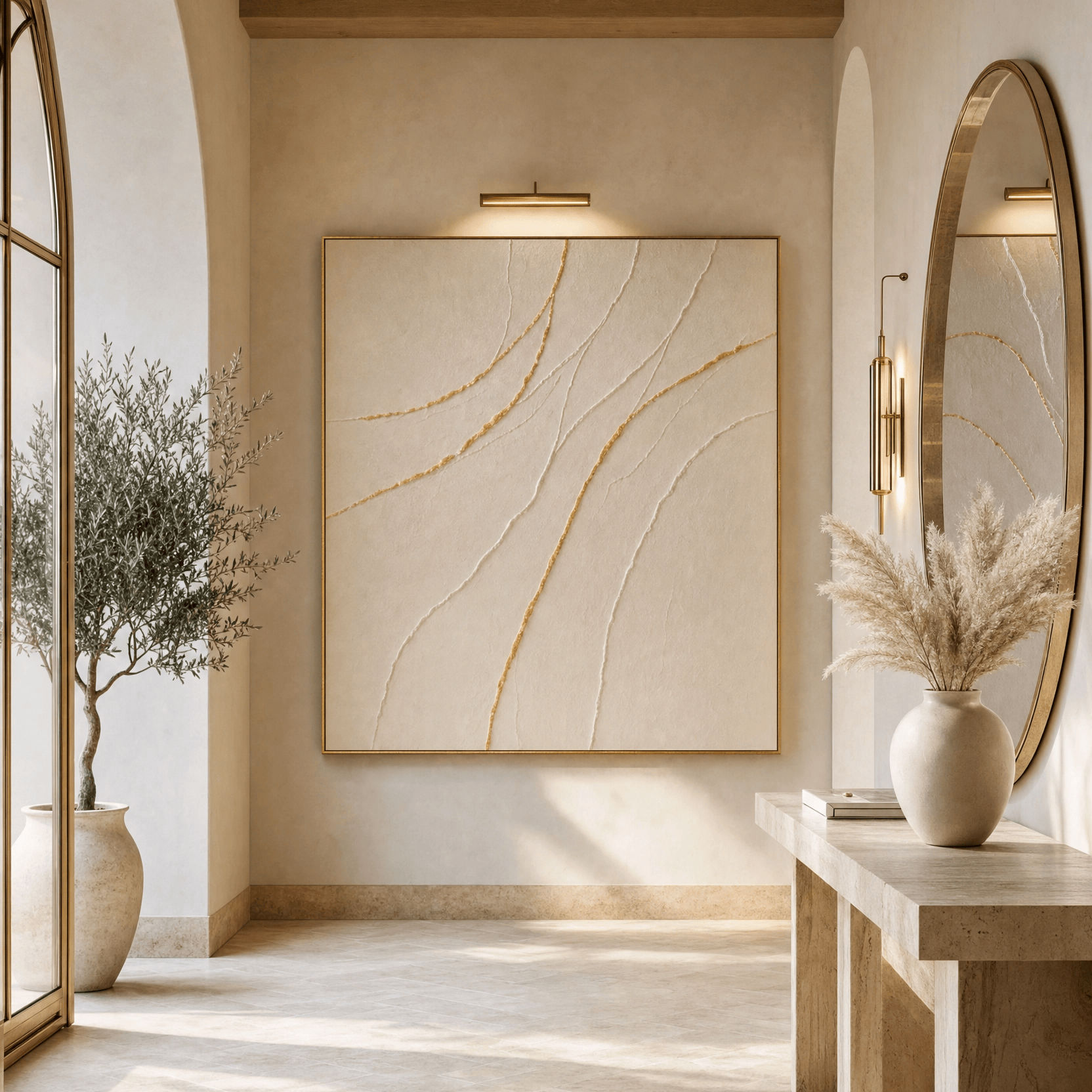 Minimalist Cream & Gold Wall Art | Hand-Embellished Textured Canvas | Neutral Abstract Large Statement Piece