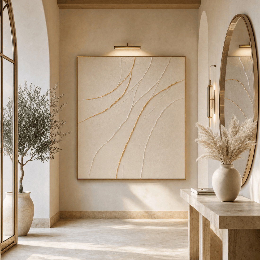 Minimalist Cream & Gold Wall Art | Hand-Embellished Textured Canvas | Neutral Abstract Large Statement Piece