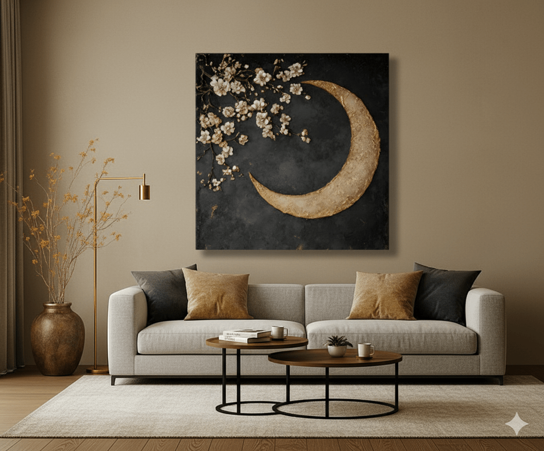 Crescent Moon Wall Art – Elegant Floral Canvas for Bedroom and Living Room Decor - Sense for Decor