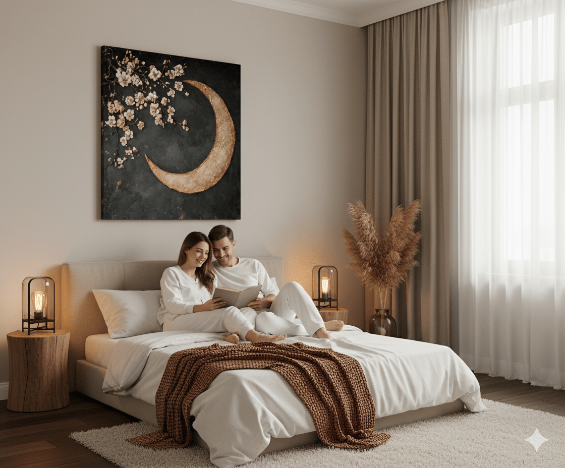 Crescent Moon Wall Art – Elegant Floral Canvas for Bedroom and Living Room Decor - Sense for Decor