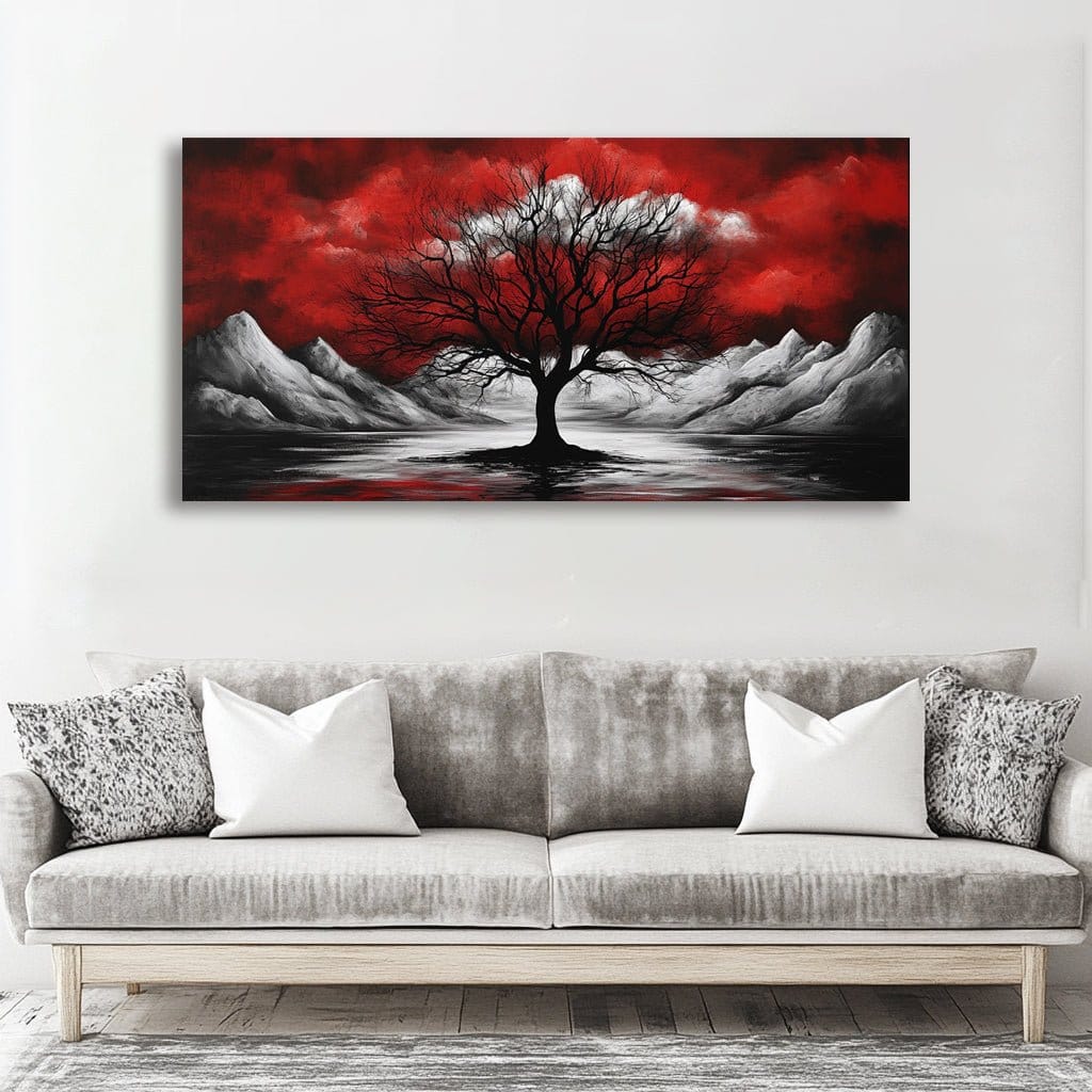 Crimson Silence – Bold Tree & Mountain Wall Art Canvas - Sense for Decor