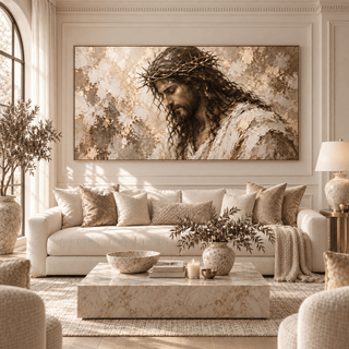Crown of Thorns – Jesus Christ Christian Wall Art | Oversized Panoramic Canvas in Cream and Gold
