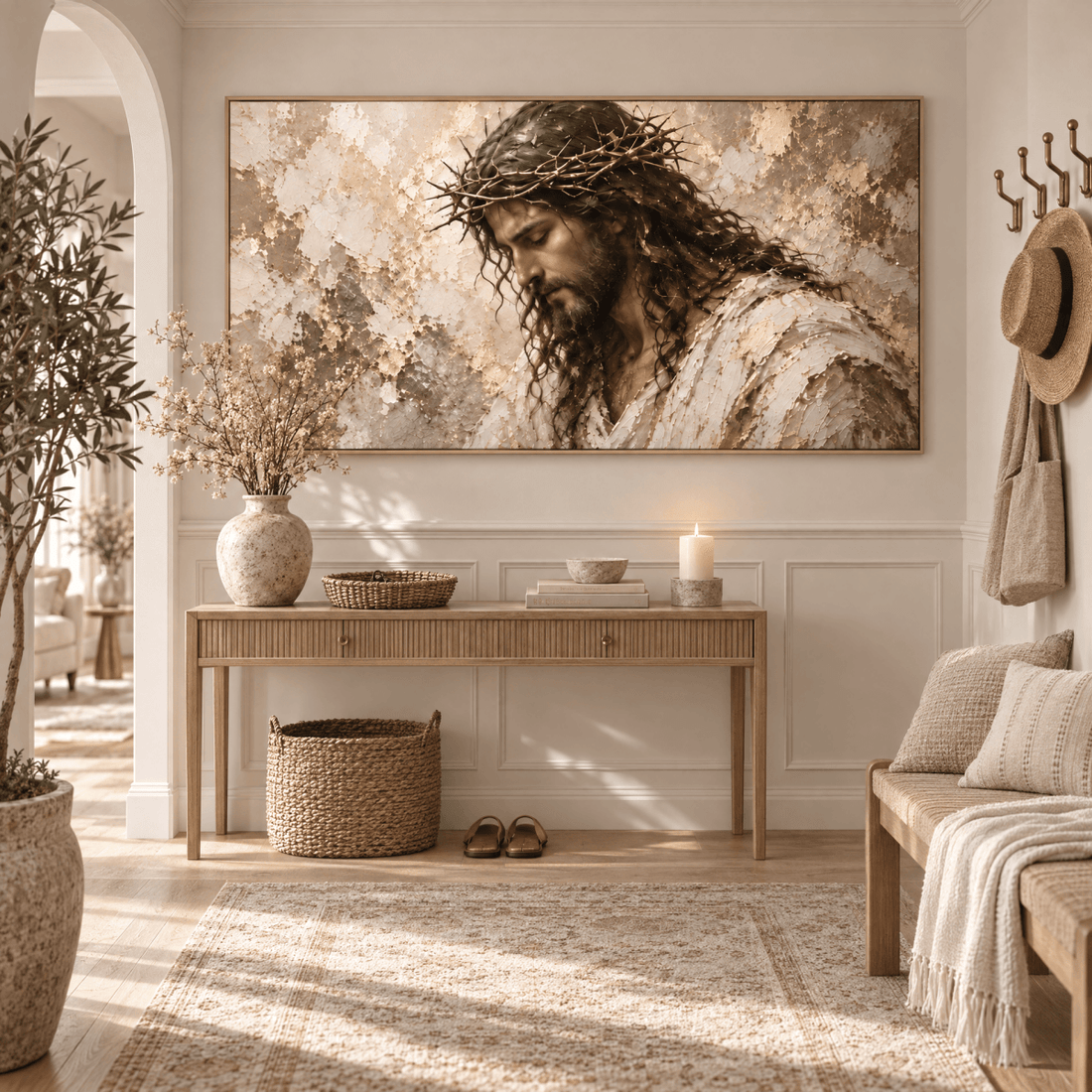 Crown of Thorns – Jesus Christ Christian Wall Art | Oversized Panoramic Canvas in Cream and Gold - Sense for Decor