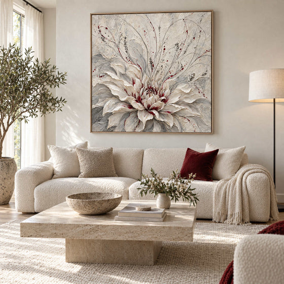 White Dahlia Wall Art – Oversized Grey and Burgundy Textured Look Canvas for Bedroom and Living Room