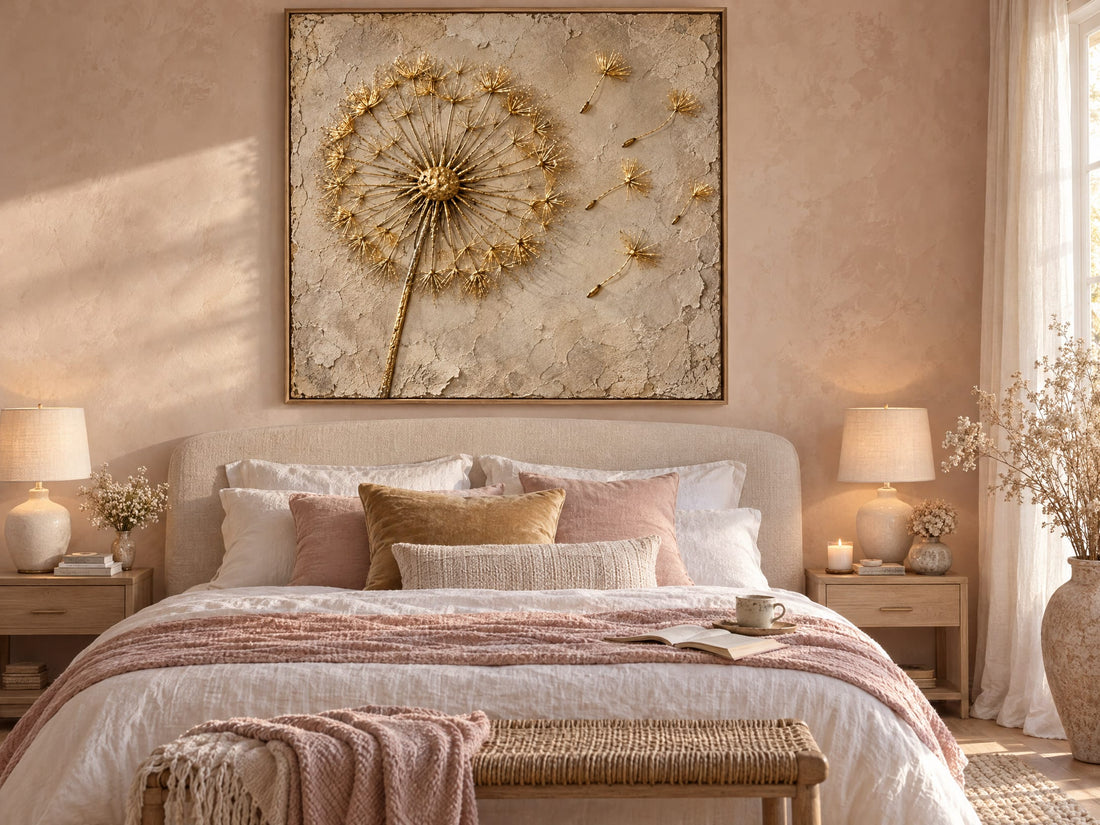 Gold dandelion canvas above an upholstered bed in a blush bedroom