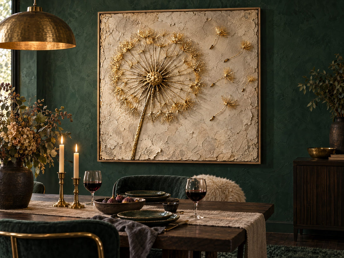 Cream and gold dandelion canvas on an emerald wall above a dining table