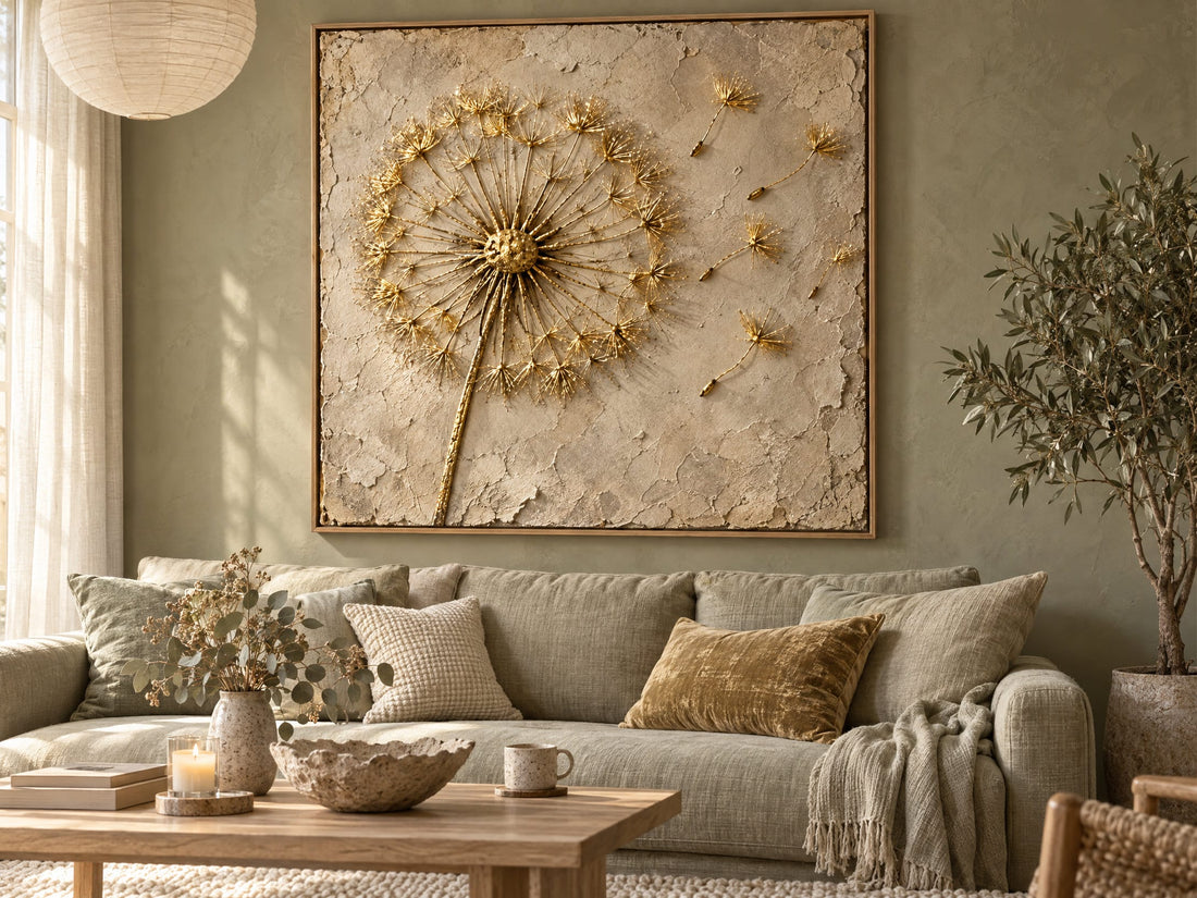 Cream and gold dandelion canvas above a linen sofa in a sage living room