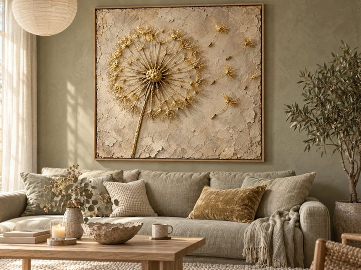 Dandelion Wall Art – Oversized Cream and Gold Textured Look Canvas for Living Room and Bedroom - Sense for Decor