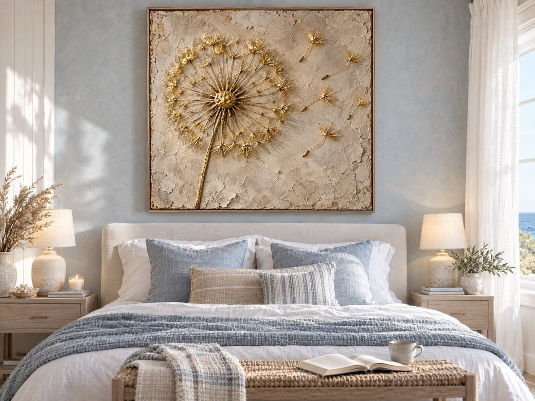 Dandelion Wall Art – Oversized Cream and Gold Textured Look Canvas for Living Room and Bedroom - Sense for Decor