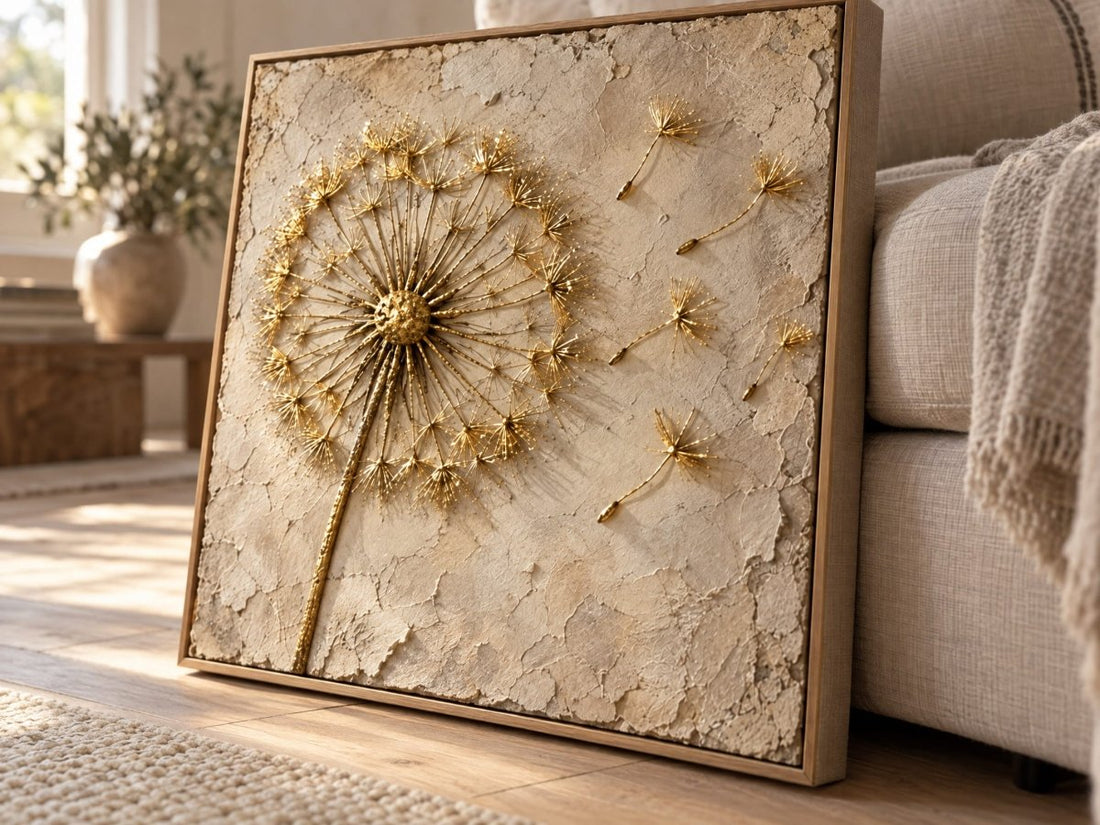 Dandelion Wall Art – Oversized Cream and Gold Textured Look Canvas for Living Room and Bedroom - Sense for Decor