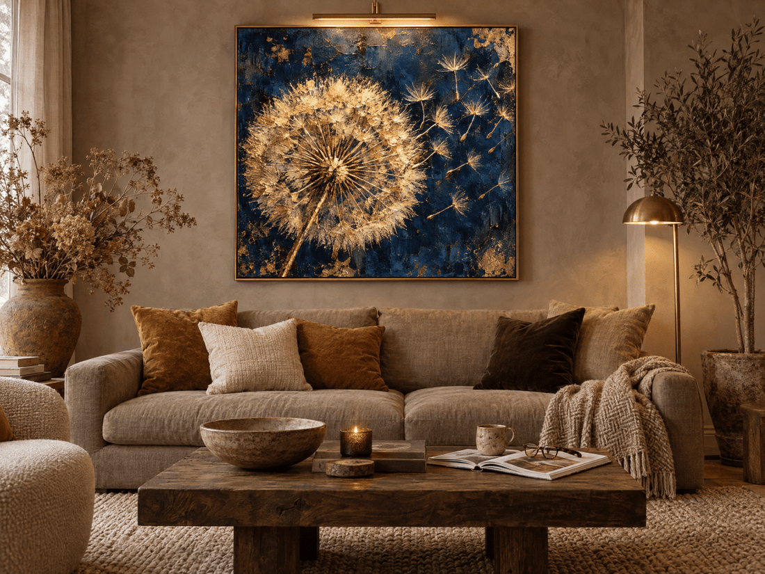 Dandelion Wall Art – Oversized Navy Blue and Gold Textured Look Canvas for Living Room and Bedroom - Sense for Decor