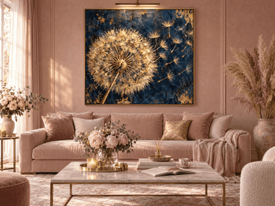 Dandelion Wall Art – Oversized Navy Blue and Gold Textured Look Canvas for Living Room and Bedroom - Sense for Decor