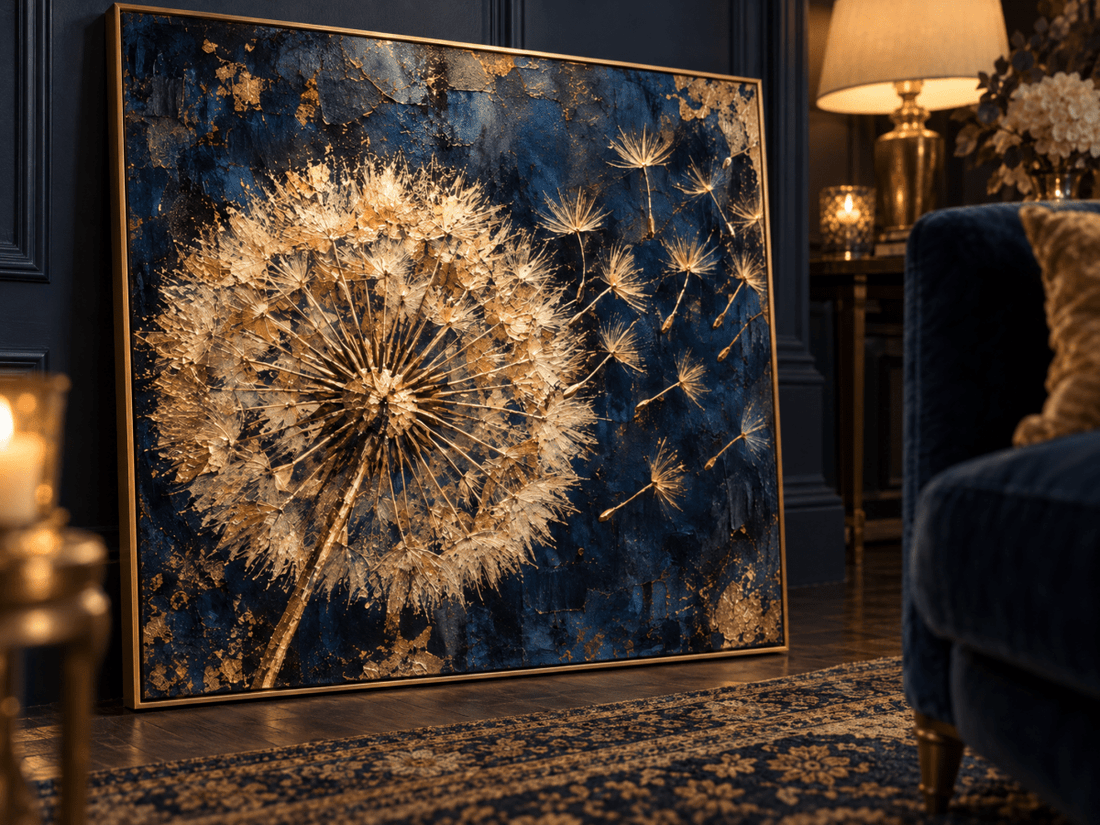 Dandelion Wall Art – Oversized Navy Blue and Gold Textured Look Canvas for Living Room and Bedroom - Sense for Decor