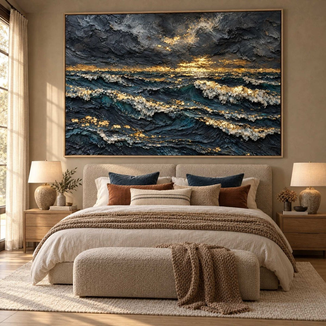 Dark Ocean Wall Art – Oversized Navy and Gold Stormy Sunset Textured Look Canvas for Living Room - Sense for Decor