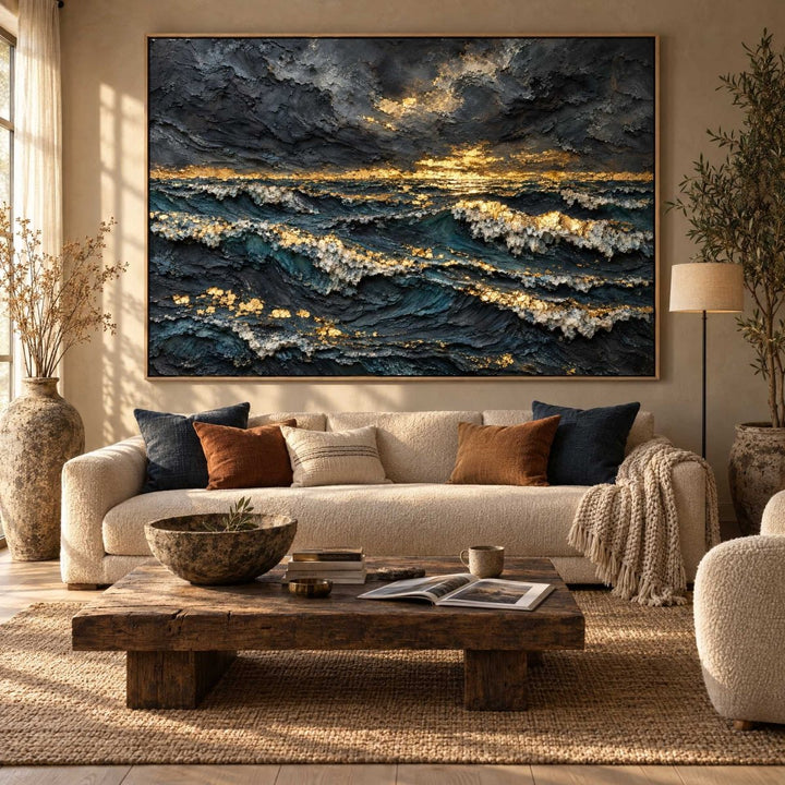 Dark Ocean Wall Art – Oversized Navy and Gold Stormy Sunset Textured Look Canvas for Living Room - Sense for Decor