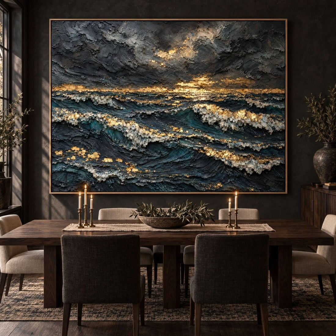 Dark Ocean Wall Art – Oversized Navy and Gold Stormy Sunset Textured Look Canvas for Living Room - Sense for Decor