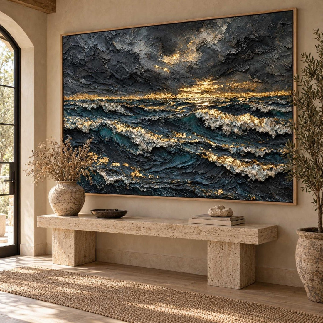 Dark Ocean Wall Art – Oversized Navy and Gold Stormy Sunset Textured Look Canvas for Living Room - Sense for Decor