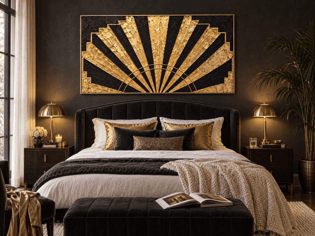 Gold Art Deco fan canvas above a black velvet bed in a dark bedroom