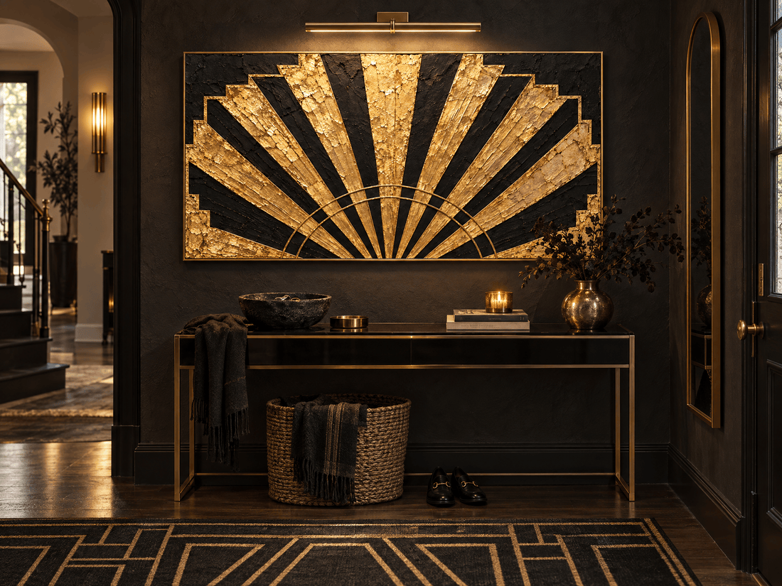 Art Deco gold fan canvas above a brass console table in a dark entryway