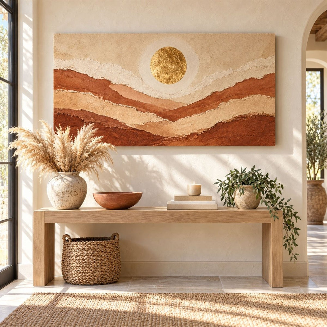Desert Wall Art – Oversized Panoramic Rust and Gold Dune Sunset Textured Look Canvas for Living Room - Sense for Decor