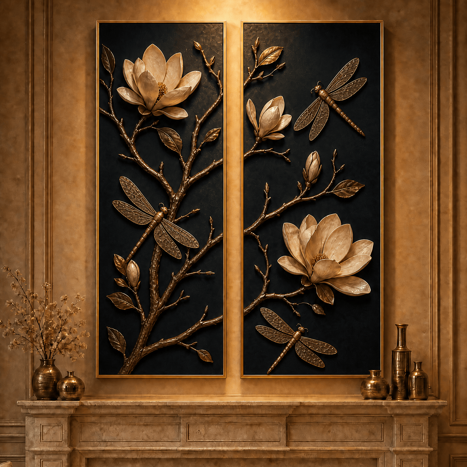 Two panel luxury wall art set with sculptural gold magnolia blossoms and bronze dragonflies on charcoal, hung above a marble fireplace