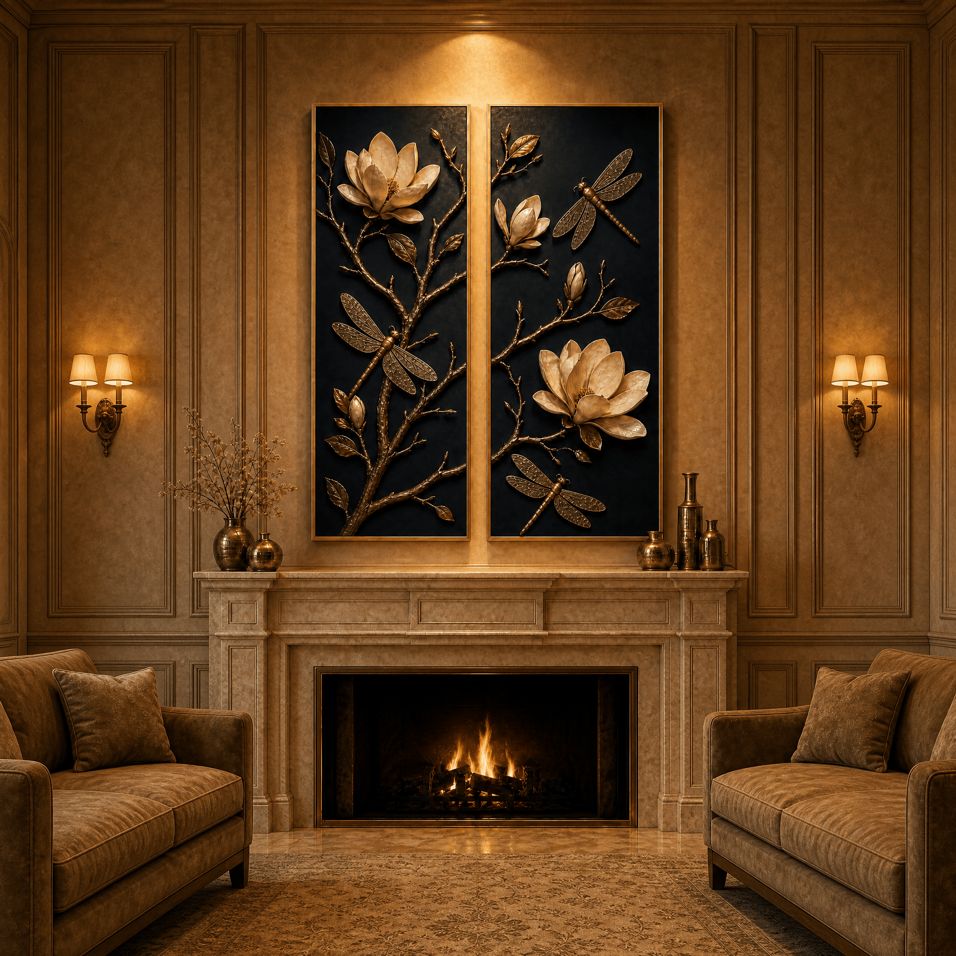 Gold Magnolia and Dragonfly Wall Art – Luxury 2 Panel Sculptural Canvas Set