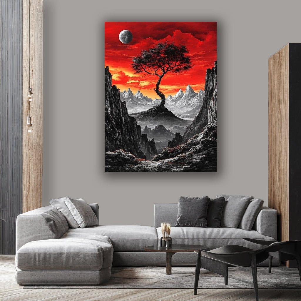 Eclipse of Solitude – Dramatic Red Sky Cliff Tree Wall Art - Sense for Decor