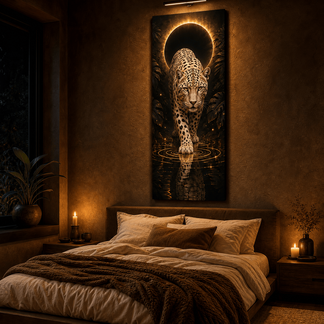 Jaguar and gold eclipse ring canvas above a bed in a candlelit bedroom