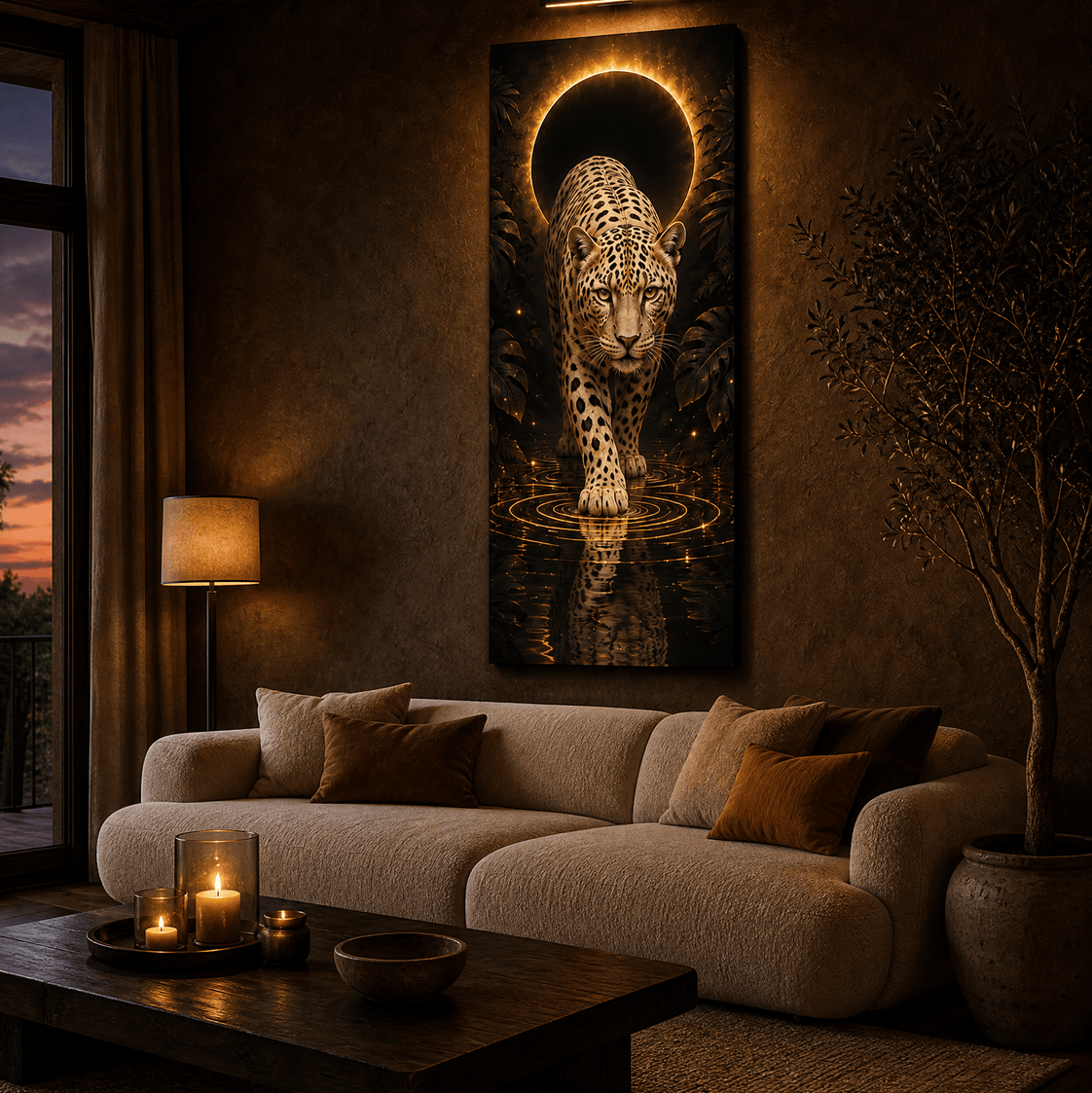 Golden eclipse jaguar canvas in gold relief on black, lit above a boucle sofa in a warm dark living room