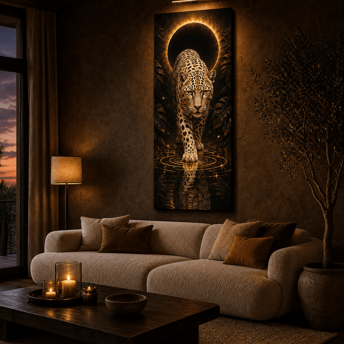 Golden eclipse jaguar canvas in gold relief on black, lit above a boucle sofa in a warm dark living room