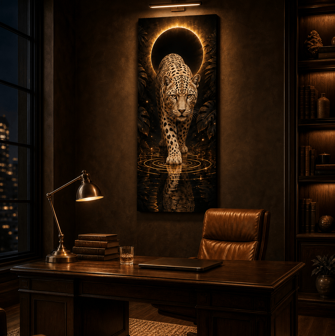 Tall gold and black jaguar canvas on a home office wall