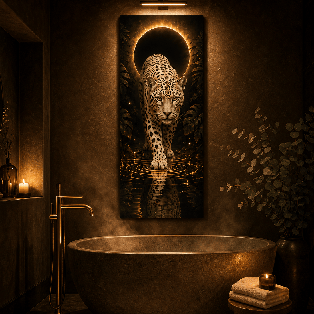 Golden eclipse jaguar canvas beside a stone soaking tub in a spa bathroom