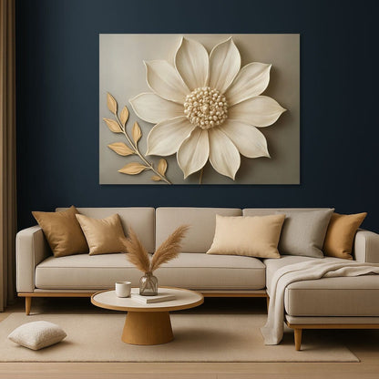 Elegant Beige Floral Wall Art Botanical Canvas Print with Golden Leaves - Sense for Decor