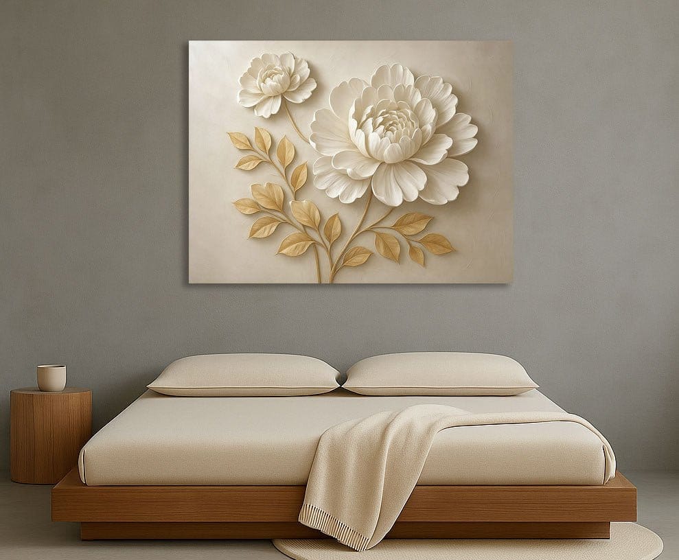 Elegant Beige Floral Wall Art Large Botanical Canvas Print with Golden Leaves - Sense for Decor