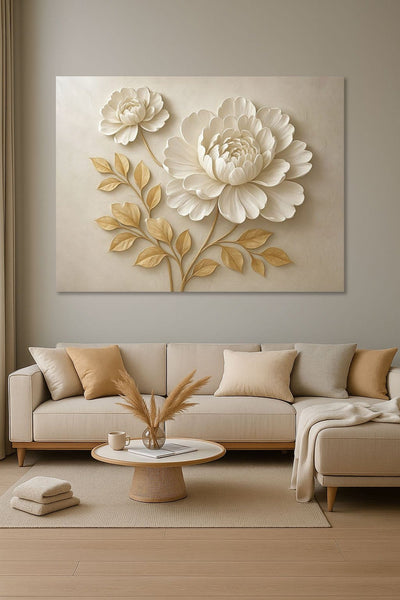 Elegant Beige Floral Wall Art Large Botanical Canvas Print with Golden Leaves - Sense for Decor