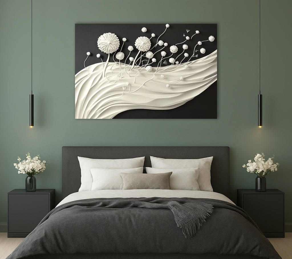 Elegant Dandelion Canvas Wall Art – Cream and Black Minimalist Flow - Sense for Decor
