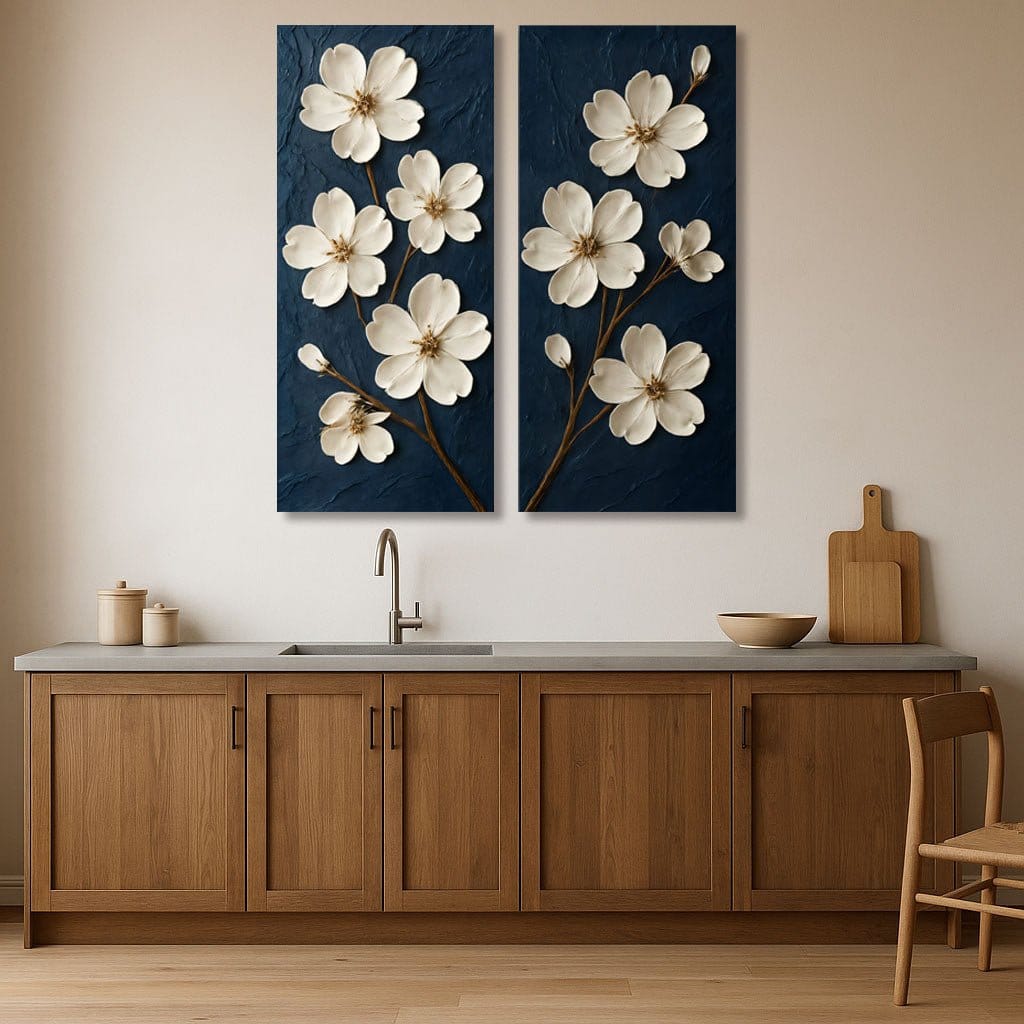 Elegant White Floral Wall Art on Navy Blue | Modern Botanical Canvas Print (2 Panel Set) - Sense for Decor