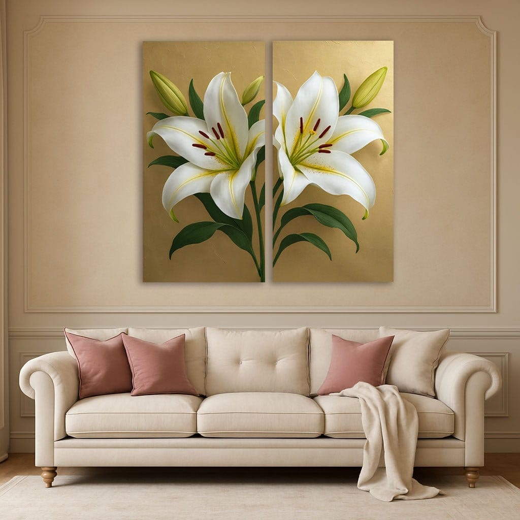white lily wall art Elegant White Lily Wall Art Set 2 Panel Botanical Canvas Print on Gold Background