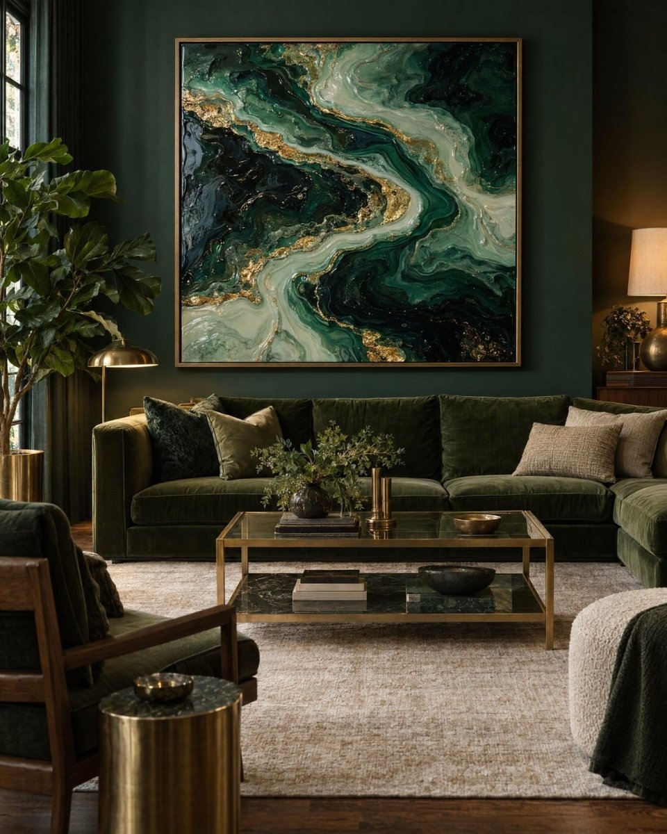 Emerald and Gold Wall Art – Oversized Abstract River Textured Look Canvas for Living Room - Sense for Decor