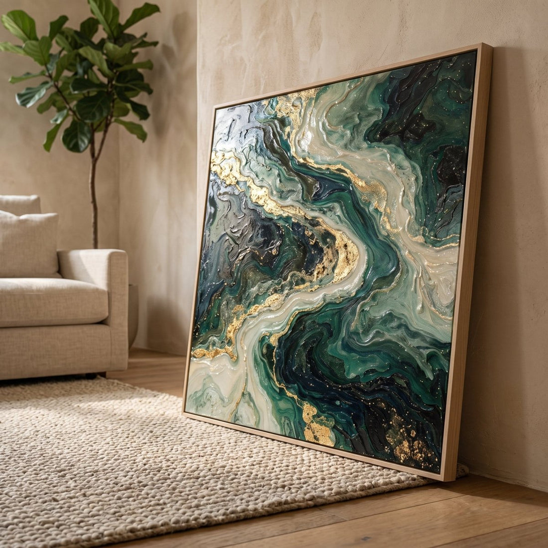 Emerald and Gold Wall Art – Oversized Abstract River Textured Look Canvas for Living Room - Sense for Decor