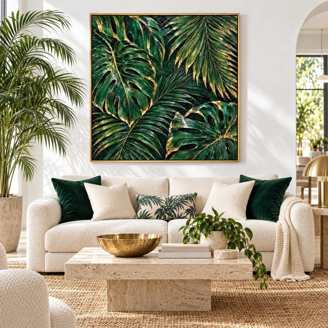 Emerald Green Wall Art – Oversized Tropical Palm and Monstera Leaf Textured Look Canvas for Living Room - Sense for Decor