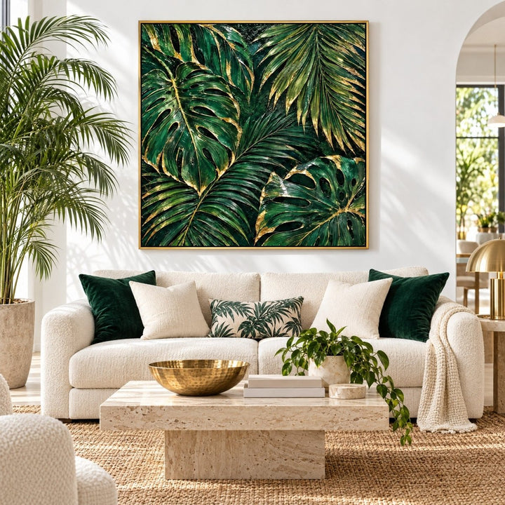Emerald Green Wall Art – Oversized Tropical Palm and Monstera Leaf Textured Look Canvas for Living Room - Sense for Decor