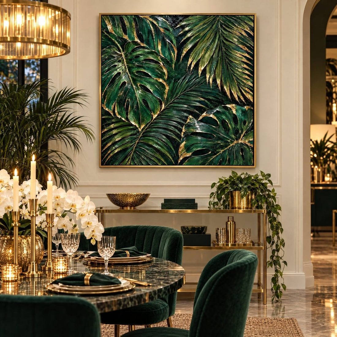 Emerald Green Wall Art – Oversized Tropical Palm and Monstera Leaf Textured Look Canvas for Living Room - Sense for Decor