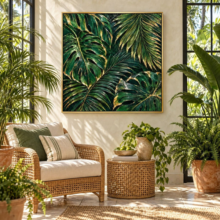 Emerald Green Wall Art – Oversized Tropical Palm and Monstera Leaf Textured Look Canvas for Living Room - Sense for Decor
