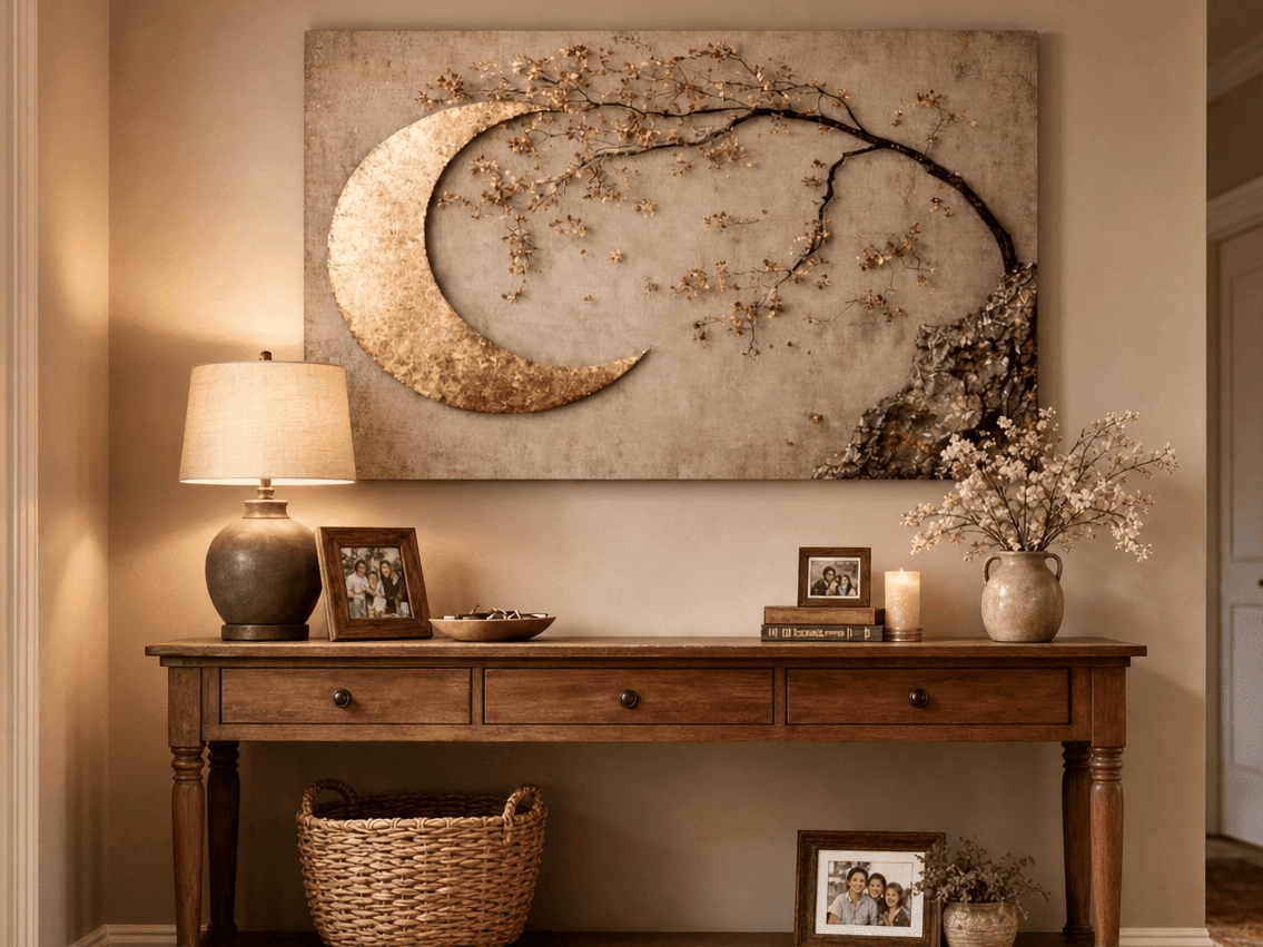 Enchanted Moonrise Wall Art – Crescent Moon and Blossoming Branch Canvas - Sense for Decor