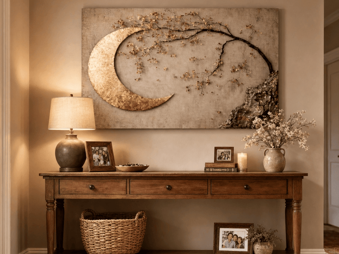 Enchanted Moonrise Wall Art – Crescent Moon and Blossoming Branch Canvas - Sense for Decor