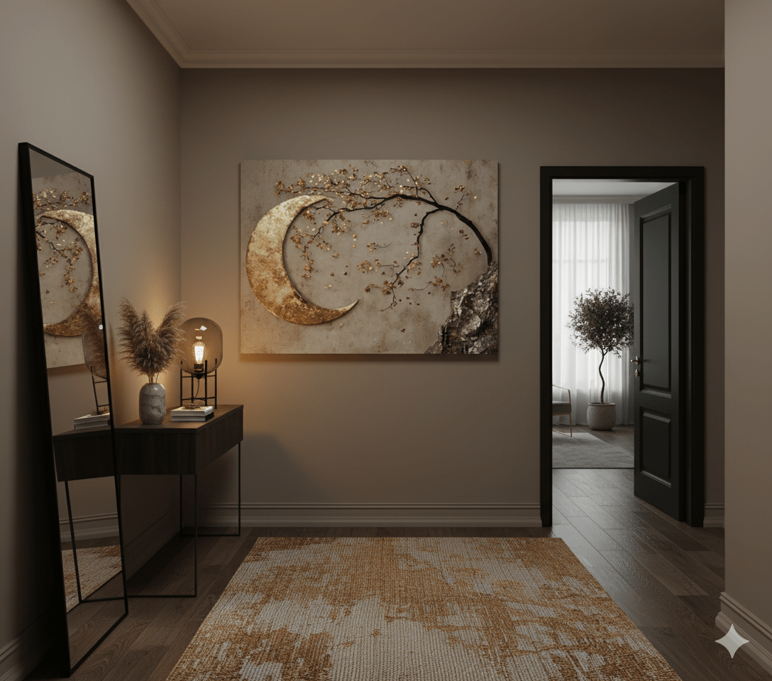 Enchanted Moonrise Wall Art – Crescent Moon and Blossoming Branch Canvas - Sense for Decor