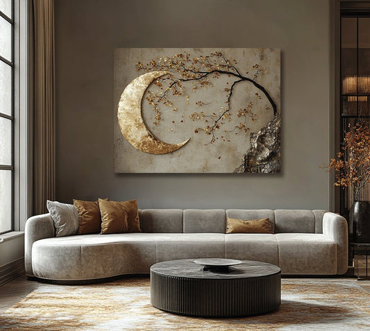 Enchanted Moonrise Wall Art – Crescent Moon and Blossoming Branch Canvas - Sense for Decor