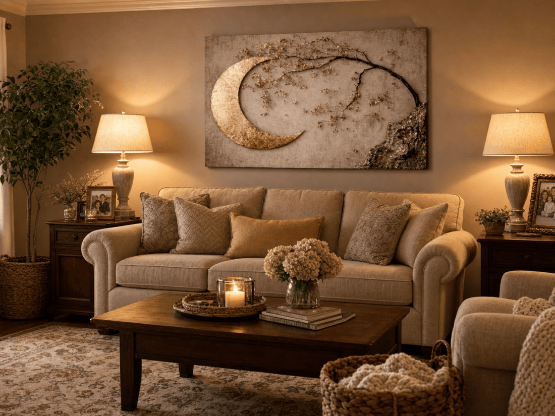 Enchanted Moonrise Wall Art – Crescent Moon and Blossoming Branch Canvas - Sense for Decor